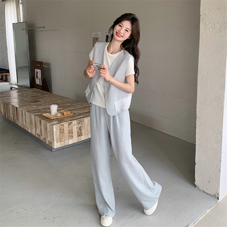 盐甜系穿搭蓝色蕾丝拼接西装马甲三件套女夏新款显瘦气质长裤套装,女装套装/套裙,2C203