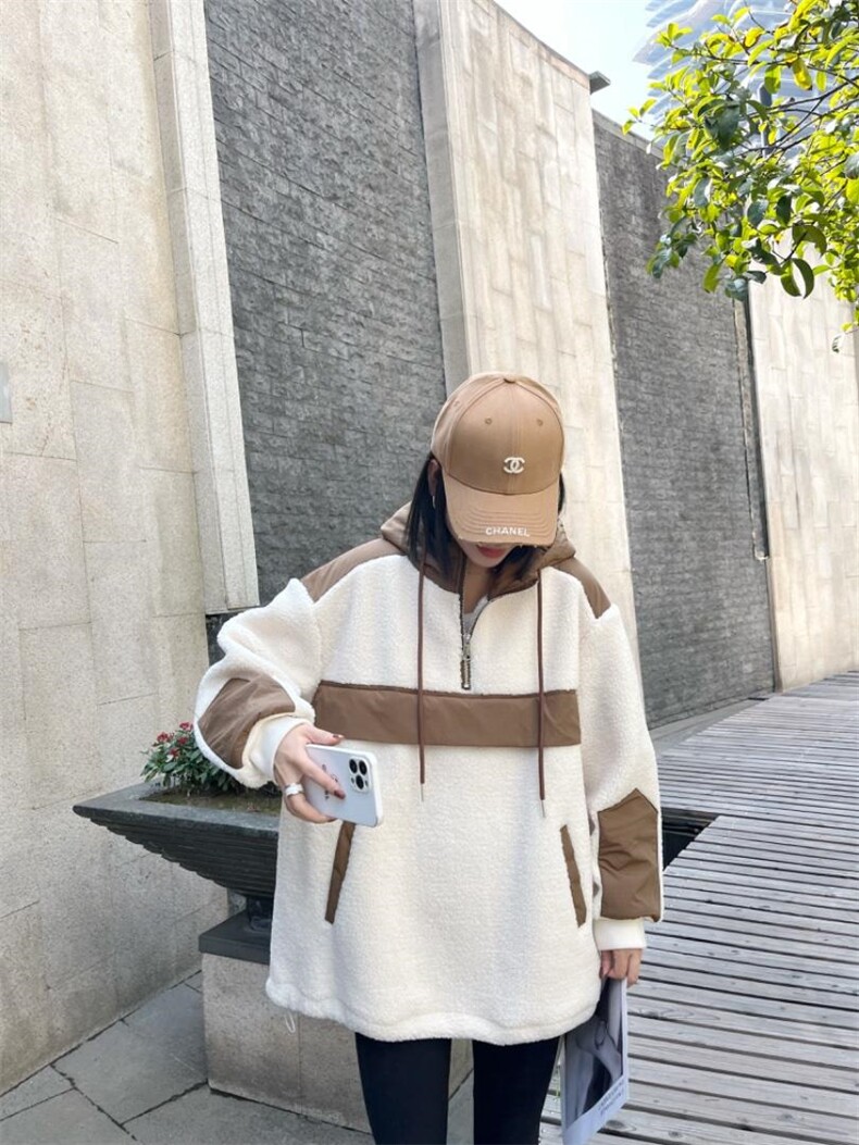 颗粒绒撞色加绒卫衣，女装卫衣/绒衫，一杭