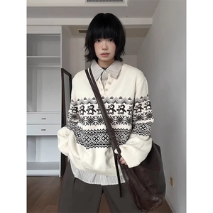 费尔岛复古花纹毛衣女秋冬慵懒风企鹅提花圆领针织衫宽松休闲上衣图片