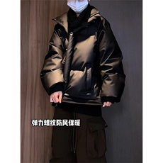 现货5W件冬季三防重磅硬挺boxy短款羽绒立领PU皮棉衣外套加厚棉服，男装棉衣，电商A443