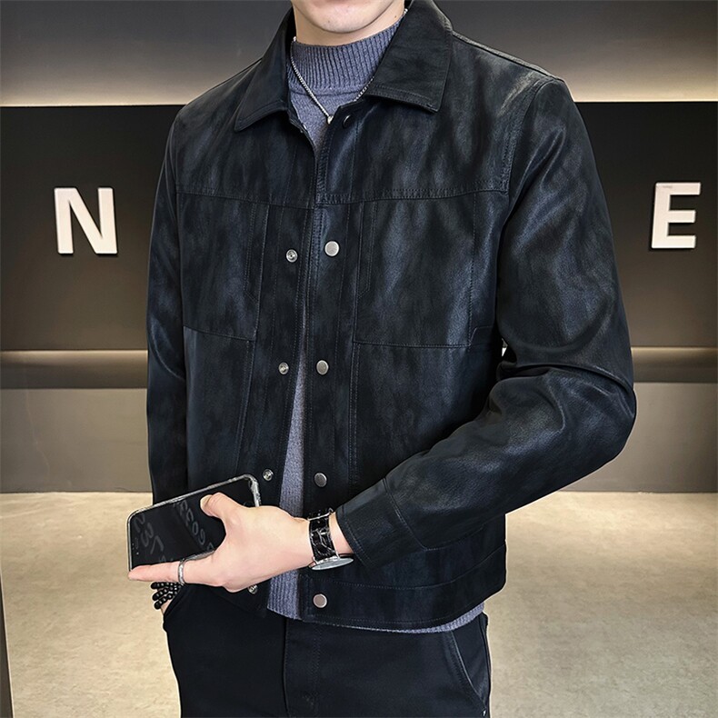 25883-M一4XL-P145店主风秋季新款男士翻领简约百搭纯色皮衣外套,男装皮衣,电商B255