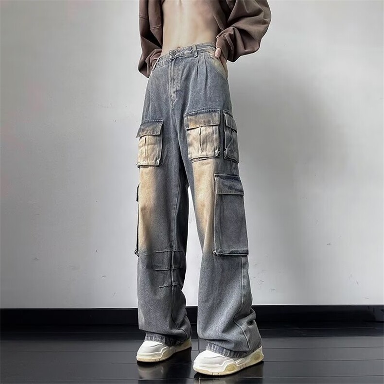 多口袋工装牛仔裤男痞帅水洗做旧潮宽松阔腿裤男网图NZK362-P68,男装牛仔裤,星座302B-2