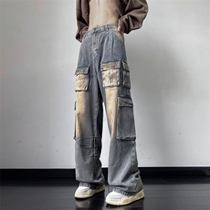 多口袋工装牛仔裤男痞帅水洗做旧潮宽松阔腿裤男网图NZK362-P68，男装牛仔裤，星座302B-2