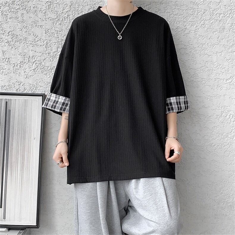 现货A059-7822-P38控58夏季高品质冰丝短拼色宽松大码T恤短袖,男装T恤,电商A059