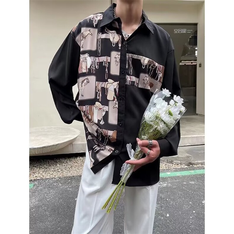2023港风文艺长袖衬衫男春秋宽松潮流衬衣复古百搭上衣,男装衬衫,星座716-4