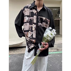 2023港风文艺长袖衬衫男春秋宽松潮流衬衣复古百搭上衣，男装衬衫，星座716-4