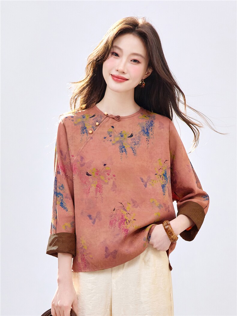 长期现货2026新中式印花上衣女夏季薄款透气中袖衬衫中年妈妈宽松,女装衬衫,璐依舞