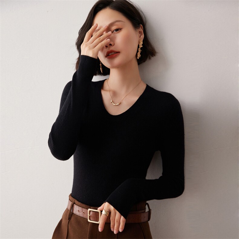 秋冬新款洋气时尚百搭显瘦女款精纺一线成衣U领35%羊绒衫,女装羊绒衫,艾巧羊绒