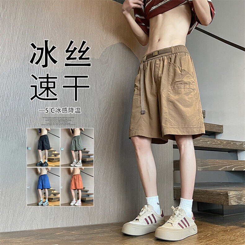 日系复古冰丝工装短裤男夏季薄款户外高级感潮流五分不过膝半截裤,男装休闲裤,电商A022