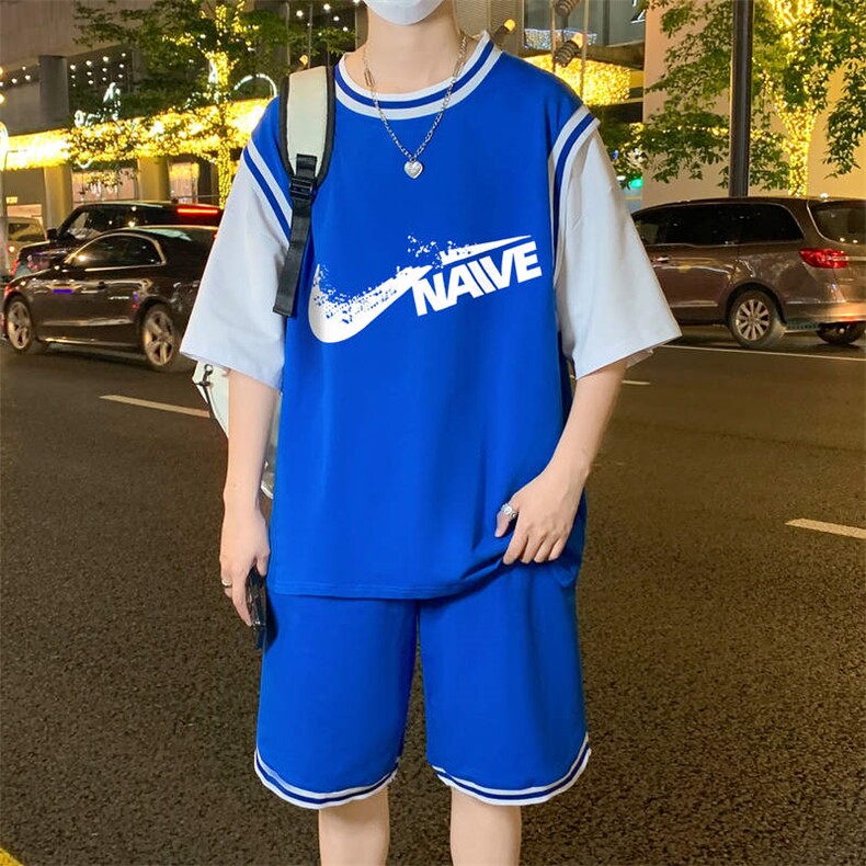 夏季新款短袖T恤港风套装青少年纯棉篮球服潮男装TZ391P60控89,男装休闲套装,电商A086