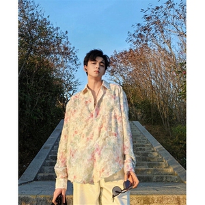 春夏季小众很仙碎花衬衫男长袖休闲韩版薄气质防晒衬衣 C308图片