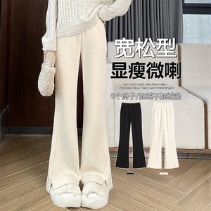 加绒微喇裤女秋冬新款针织秋冬加厚高腰弹力黑色西装喇叭裤,春天短靴的搭配图片