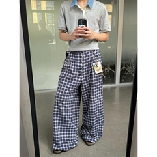 网络图现货格子裤子男女直筒休闲长裤垂感拖地阔腿裤RBK06-P70，男装休闲裤，星座1005-6