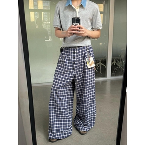 网络图现货格子裤子男女直筒休闲长裤垂感拖地阔腿裤RBK06-P70图片
