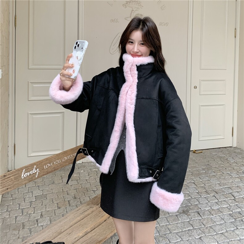 黑色甜酷风皮毛一体外套女2025冬季美式复古加厚百搭保暖机车夹克,女装派克服,2C133