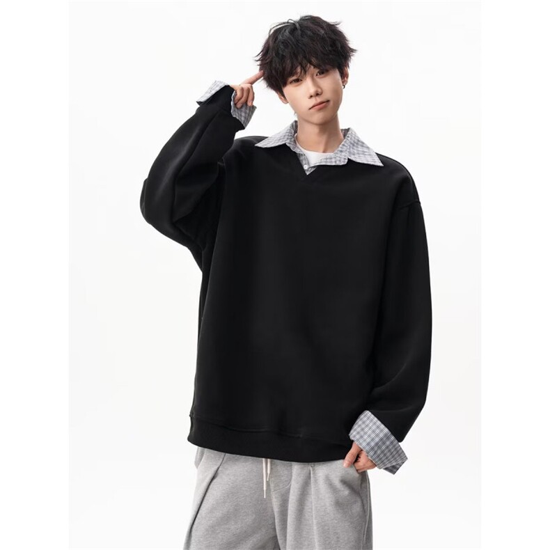 格子拼接polo衫领加绒卫衣男春秋季2025新款假两件长袖t恤上衣服,男装T恤,星座1210-1