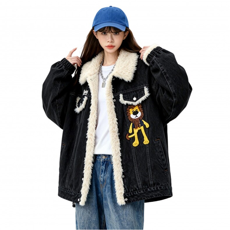 25冬羊羔绒拼接翻领牛仔女卡通绣花宽松加棉外套705-1-M9881-P118,女装短外套,星座705-1