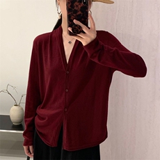 新款纯色褶皱针织开衫时尚百搭简约风，女装针织衫/毛衣，优麦羊绒（原洪叶羊绒）