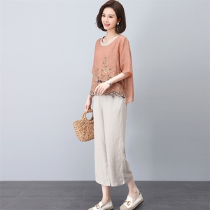 苎麻套装女夏2025新款中年妈妈宽松休闲时尚减龄棉麻阔腿裤两件套图片