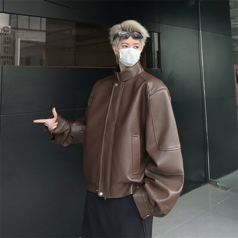 垫肩夹克外套男设计感廓形翻领短款pu皮衣拉链外套复古HY199图片
