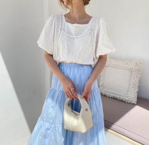 棉布刺绣泡袖上衣,女装,新袖