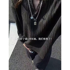 美式高街千鸟格子长袖T恤男女亨利V领英伦雅痞休闲宽松长袖打底衫，男装T恤，电商A443