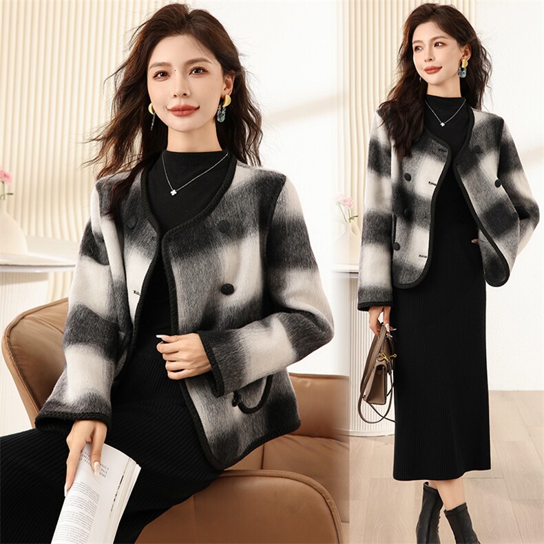 黑白格子双面羊绒毛呢大衣女2025春秋新款高级轻奢小香风短款外套，女装毛呢外套，丝露怡语