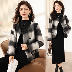 黑白格子双面羊绒毛呢大衣女2025春秋新款高级轻奢小香风短款外套，女装毛呢外套，丝露怡语