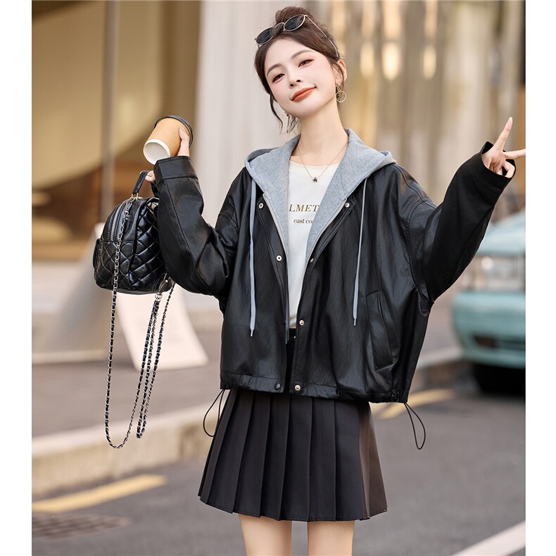 假两件套PU皮连帽短外套女秋季2025新款小个子宽松休闲复古皮夹克,女装皮衣,牡丹诺