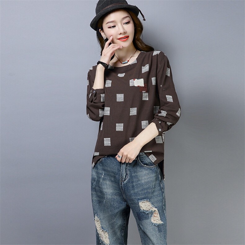 圆领气质时尚T恤格子宽松长袖2021年春季优雅潮流，女装T恤，独衣靓