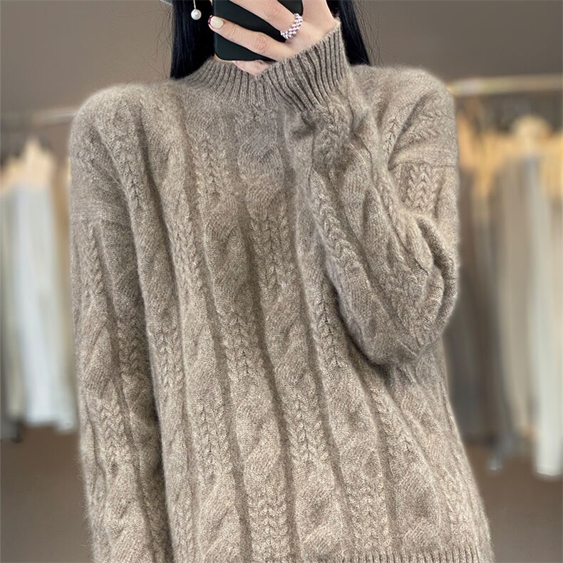 重磅加厚100%纯羊毛衫女半高领麻花毛衣宽松慵懒风羊绒针织打底衫,女装羊绒衫,琳华羊绒