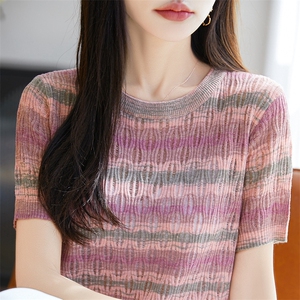 撞色条纹精纺羊毛短袖女2025新款春夏圆领显瘦镂空撞色图片