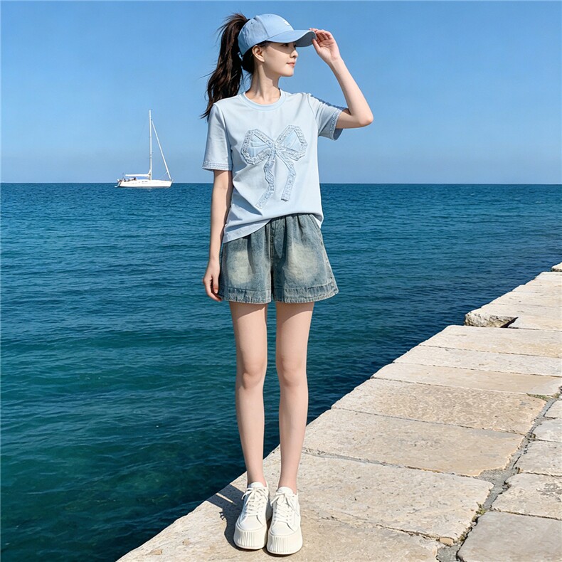 潮流时尚套装女夏新款圆领蕾丝拼接钉珠蝴蝶结短袖牛仔短裤两件套，女装套装/套裙，江南