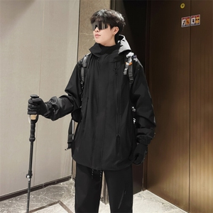 春季冲锋衣男大码男士防水夹克潮流连帽外套纯色A266-JK8018-P45图片
