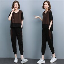 时尚运动套装女2025年夏季新款女装韩版宽松休闲八分阔腿裤两件套，女装套装/套裙，江忆布依