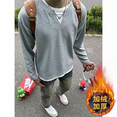 黑色假两件长袖t恤男春秋重磅硬挺无帽卫衣cleanfit高级感打底衫，男装T恤，星座506A