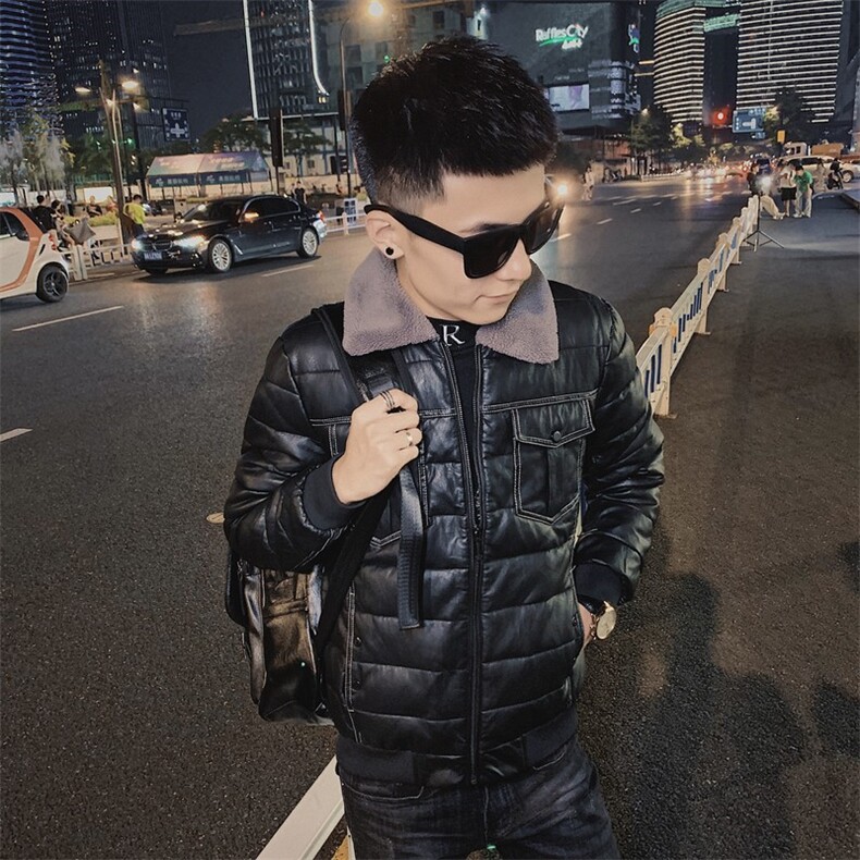 PU皮棉衣羊羔毛领冬季棉服潮男社会精神小伙修身C301B-MF04图片