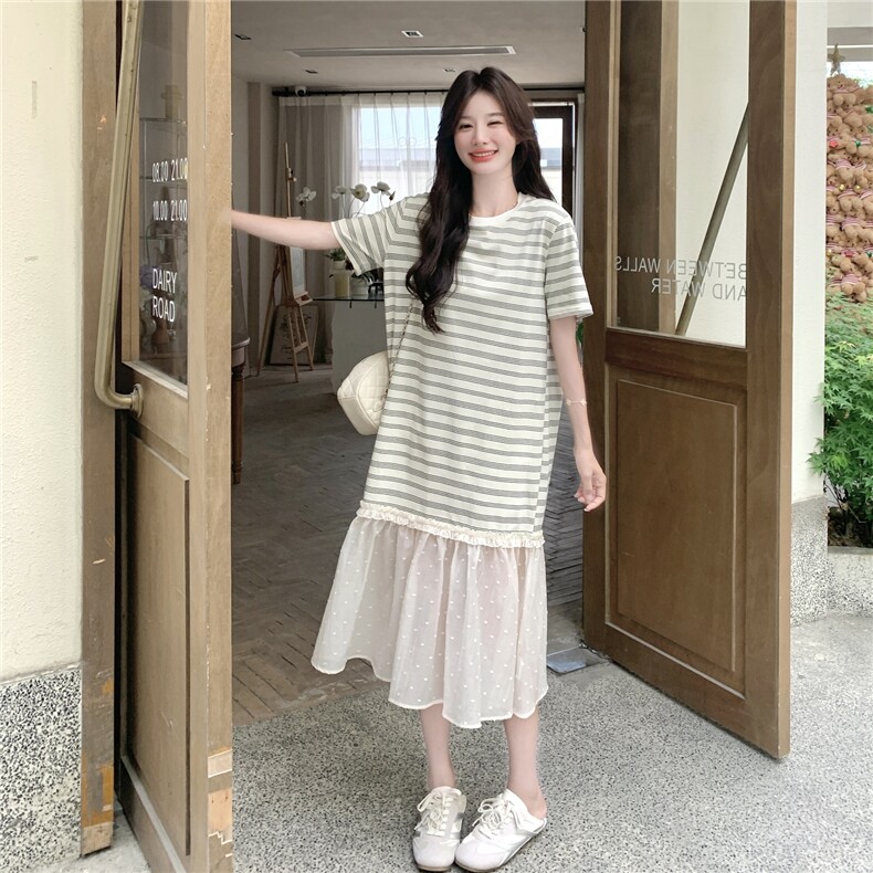 条纹连衣裙女夏2025新款高级感森系慵懒风休闲运动t恤裙爆款流行,女装连衣裙,2C272