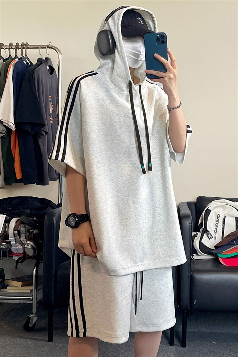 休闲运动连帽短袖套装上衣T3634特P31控59/裤子DK8608特P26控49,男装休闲套装,电商A007