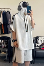 休闲运动连帽短袖套装上衣T3634特P31控59/裤子DK8608特P26控49，男装休闲套装，电商A007