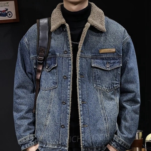 冬季翻领仿羊羔绒棉衣外套男2025新款加厚保暖工装牛仔夹克棉服潮图片