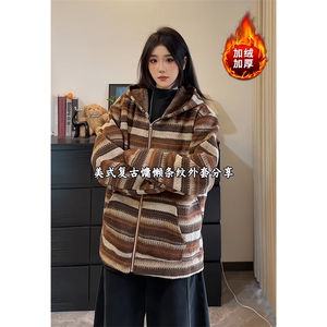 冬季加绒条纹卫衣针织开衫美式复古休闲撞色款5D1193-TP65118图片