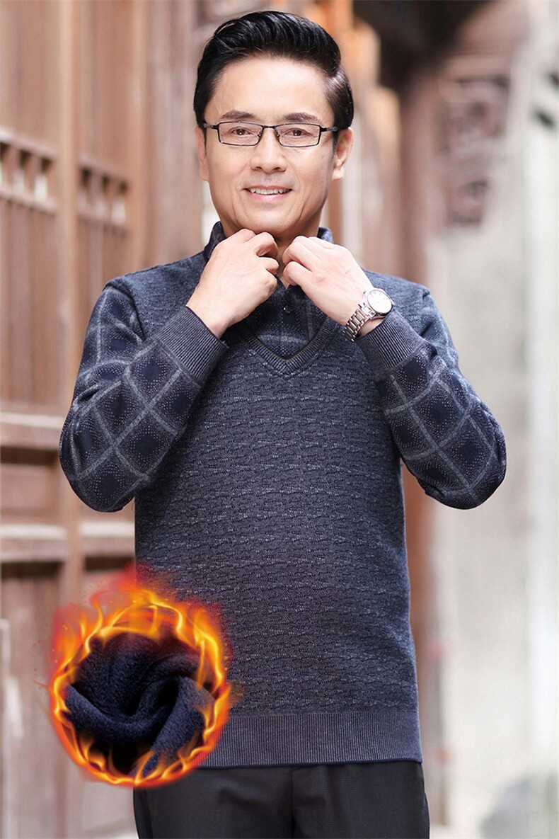针织衫男加绒加厚假两件新款秋冬季衬衫领打底长袖t恤保暖格子衫,男装T恤,电商B212（原钱塘6029）