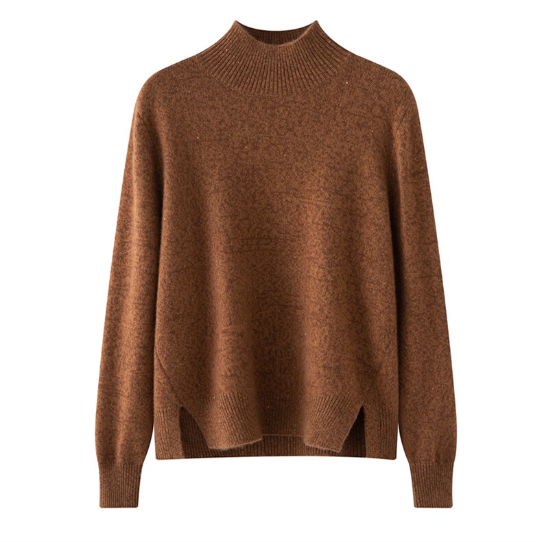 2025舒适百搭简约秋冬新款软糯舒适女士高领长袖下摆开叉羊绒衫，女装羊绒衫，星纬羊绒