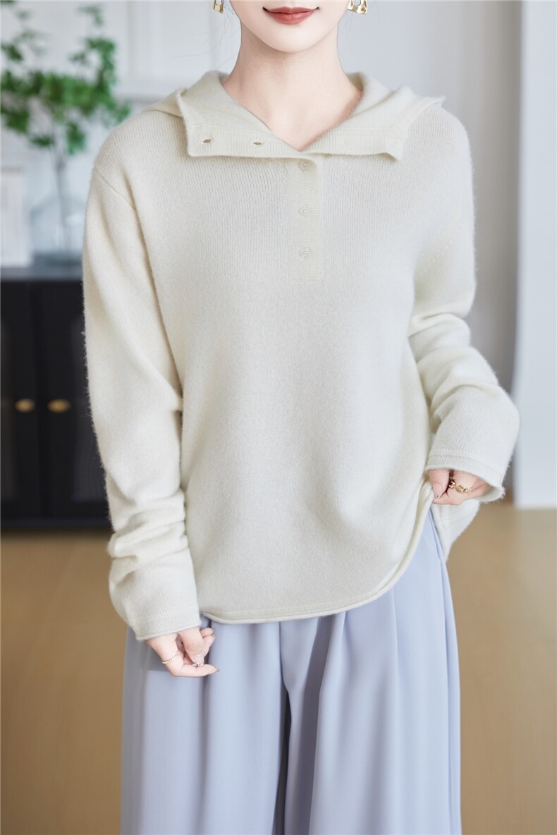 2025年秋季女士排扣下摆袖口卷边，女装羊绒衫，米哆哆羊绒