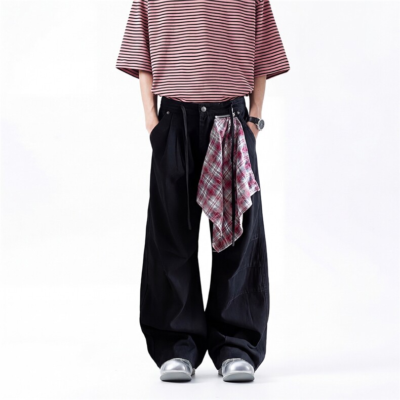 美式复古格子方巾拼接牛仔裤女街头宽松褶皱设计感裤子潮A160-P65，男装牛仔裤，星座310A-4