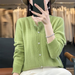 秋冬圆领纯羊绒开衫女一线成衣镂空钩花针织羊毛衫外套打底衫图片