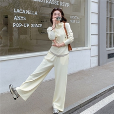 【新品】条纹拼接假两件上衣阔腿裤两件套，女装套装/套裙，2B076