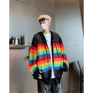 美式撞色镂空连帽针织开衫男防晒罩衫多巴胺春秋图片