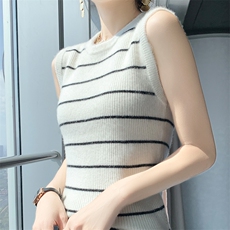 时尚新款女无袖修身显瘦条纹背心优雅百搭针织衫舒适柔软面料，女装背心吊带，北娇羊绒